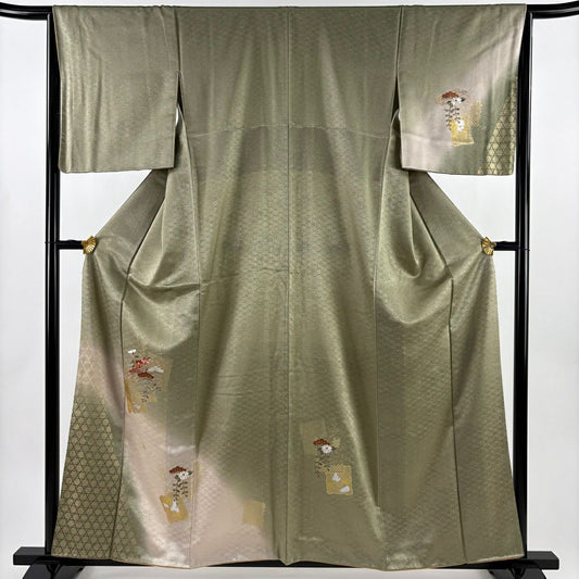 付下 身長159cm 袖長65cm M 雙層 花籠 破裂色紙 刺繡 金彩裝飾 灰綠 純蠶絲 秀品級