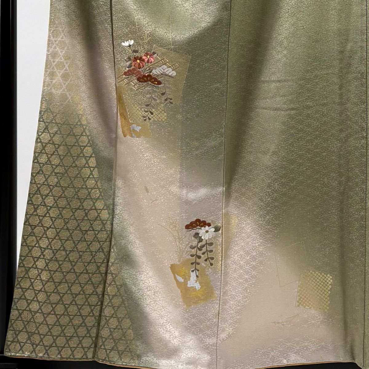 付下 身長159cm 袖長65cm M 雙層 花籠 破裂色紙 刺繡 金彩裝飾 灰綠 純蠶絲 秀品級