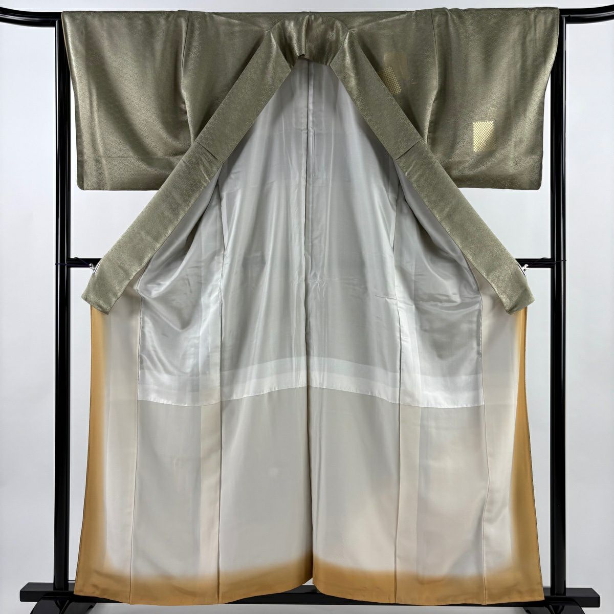 付下 身長159cm 袖長65cm M 雙層 花籠 破裂色紙 刺繡 金彩裝飾 灰綠 純蠶絲 秀品級
