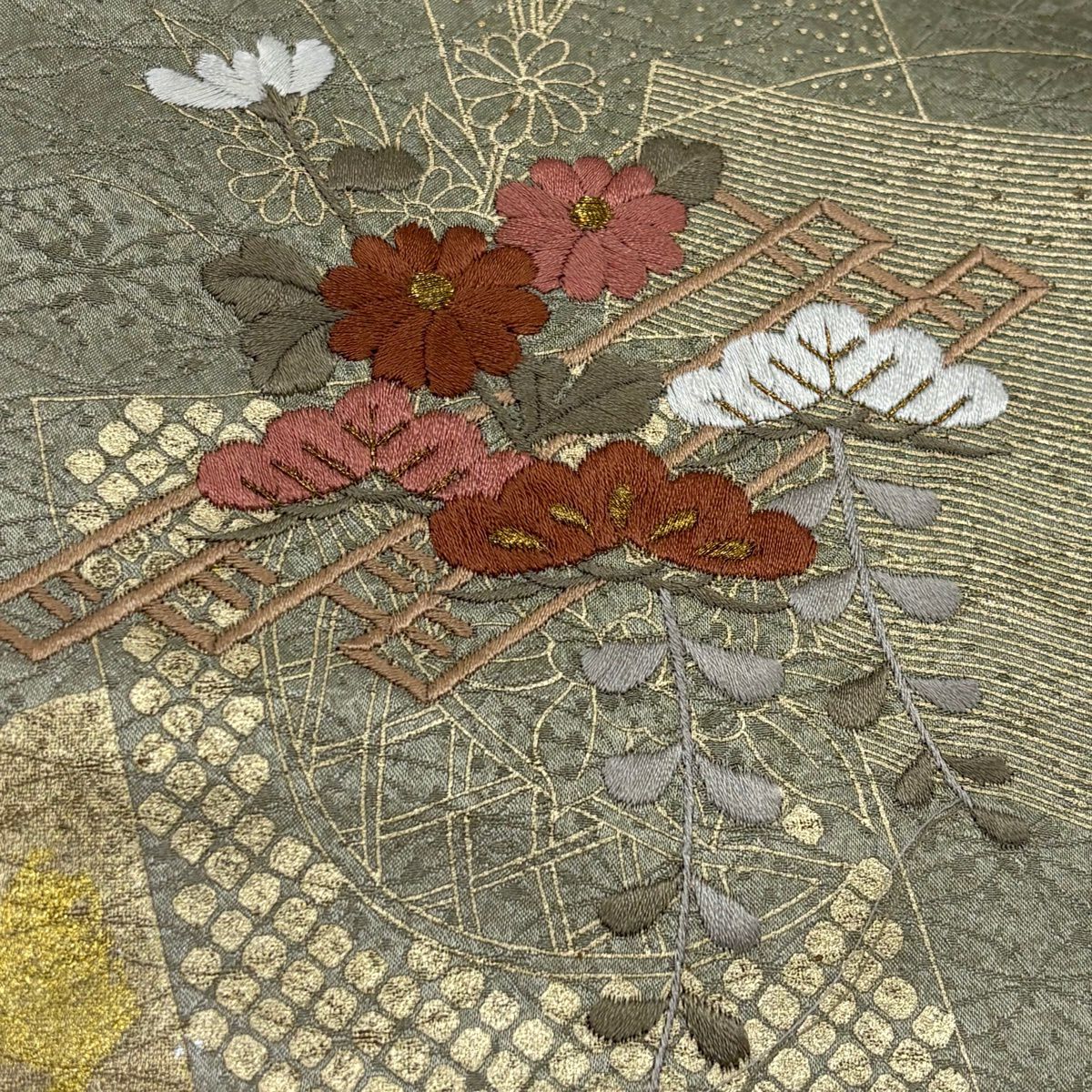 付下 身長159cm 袖長65cm M 雙層 花籠 破裂色紙 刺繡 金彩裝飾 灰綠 純蠶絲 秀品級
