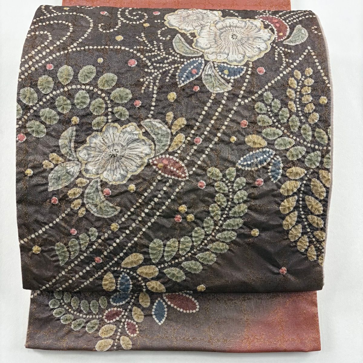 【美品】 袋帶 名品級 草花紋 金糸 絞染 茜 深藍色 お太鼓圖案 純蠶絲