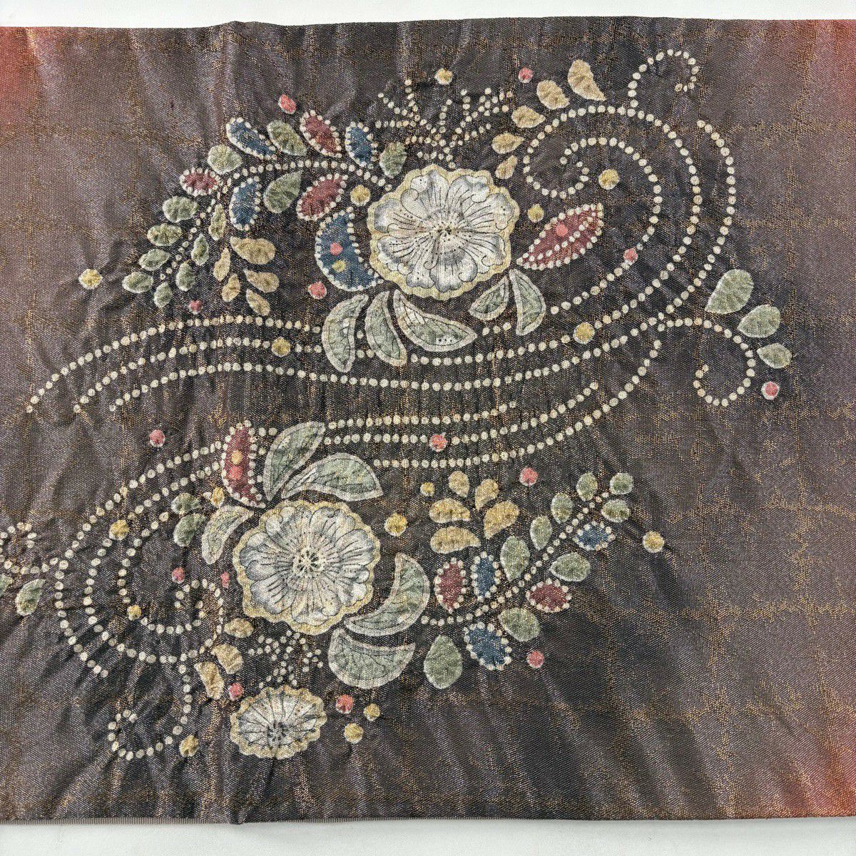 【美品】 袋帶 名品級 草花紋 金糸 絞染 茜 深藍色 お太鼓圖案 純蠶絲