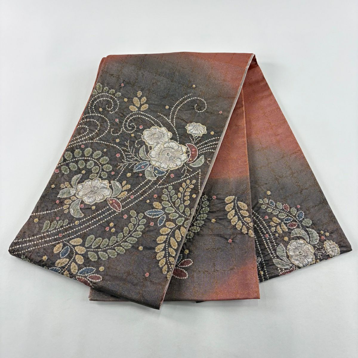 【美品】 袋帶 名品級 草花紋 金糸 絞染 茜 深藍色 お太鼓圖案 純蠶絲
