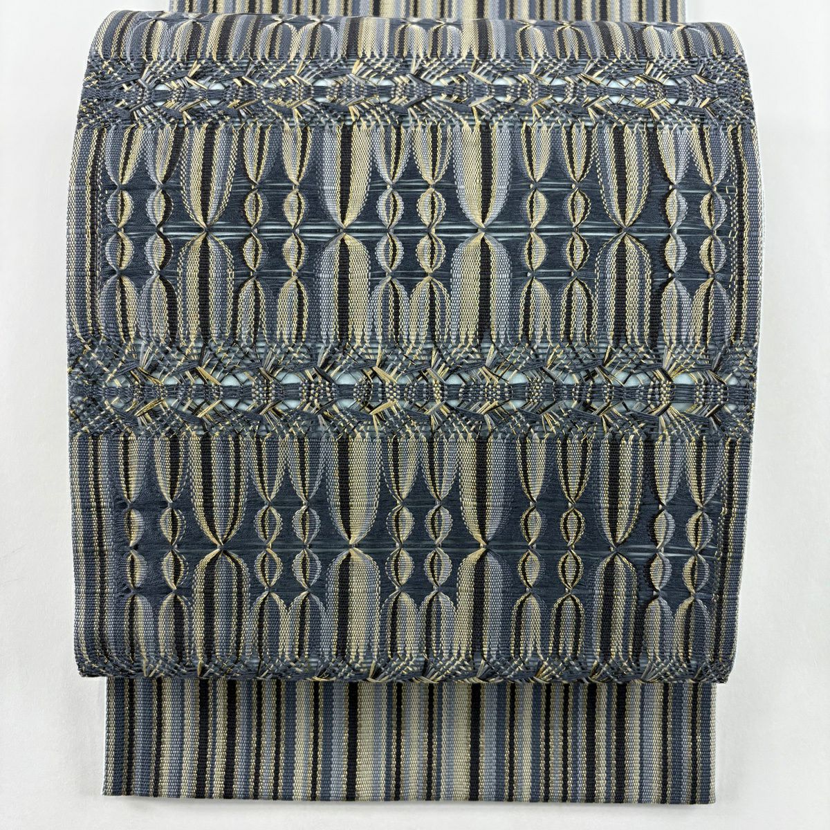 【美品】 袋帶 名品級 幾何學 縞 金絲 青灰 六通 純蠶絲
