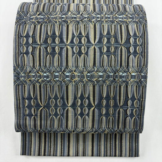 【美品】 袋帶 名品級 幾何學 縞 金絲 青灰 六通 純蠶絲