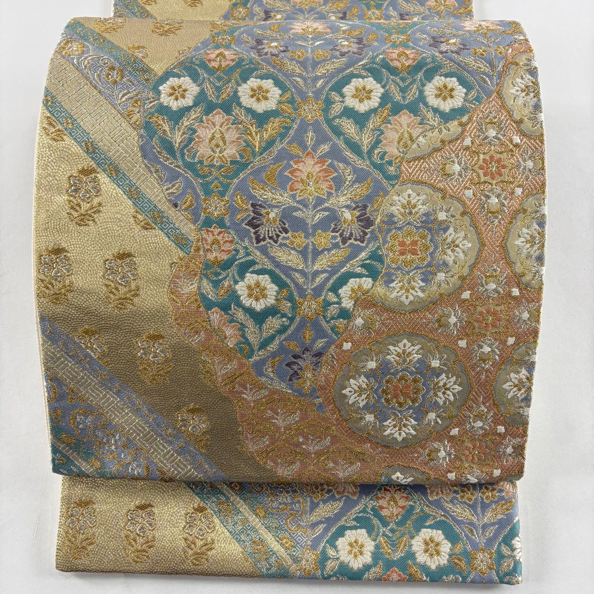 袋帶 名品級 華紋 花唐草紋 金銀絲 金金箔 金色 六通 純蠶絲