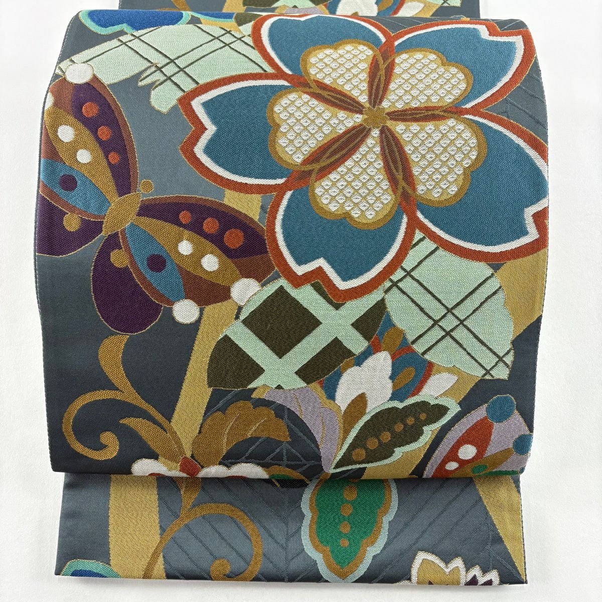 【美品】 袋帶 名品級 樱花 蝴蝶 灰綠 六通 純蠶絲