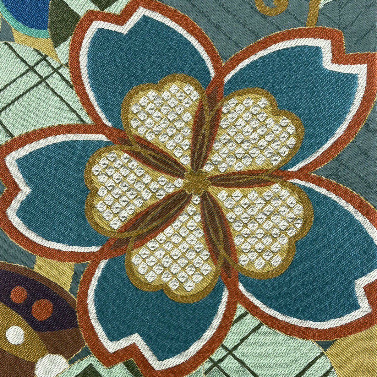 【美品】 袋帶 名品級 樱花 蝴蝶 灰綠 六通 純蠶絲