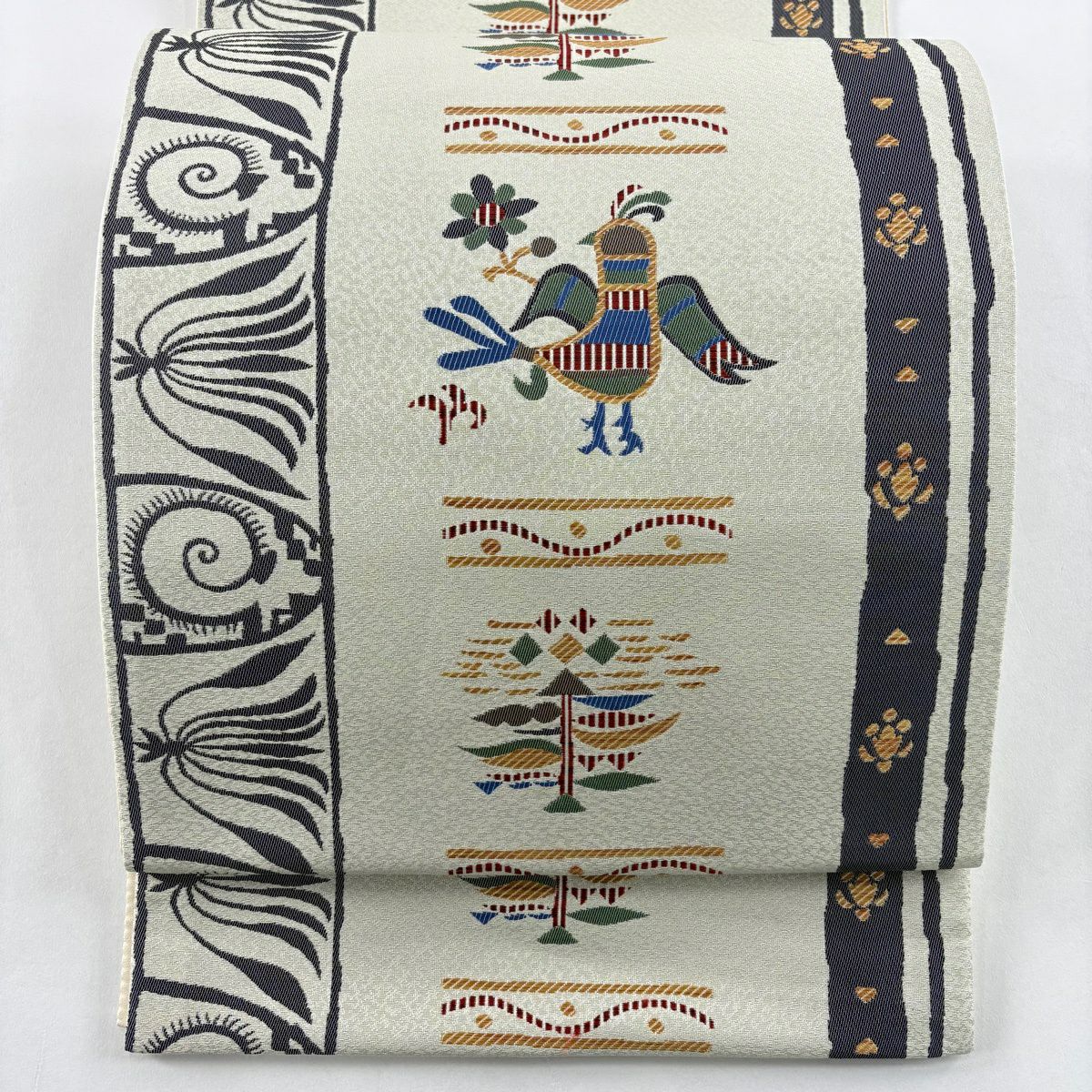 【美品】 袋帶 名品級 鳥 草花紋 米色 六通 純蠶絲