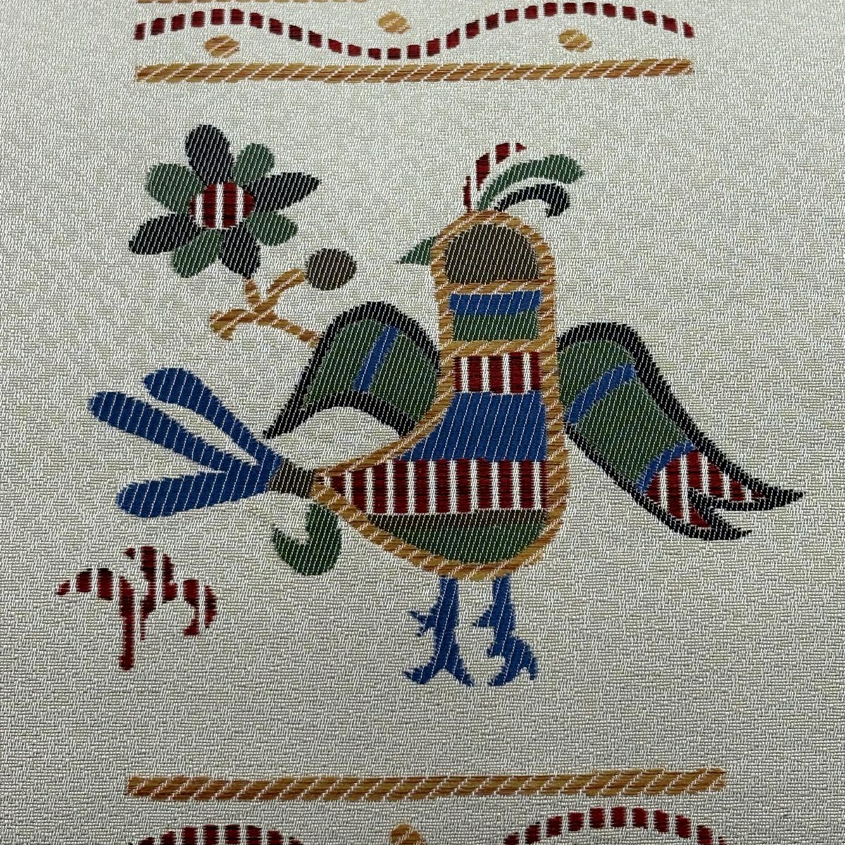 【美品】 袋帶 名品級 鳥 草花紋 米色 六通 純蠶絲