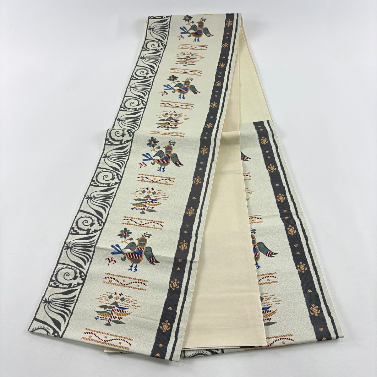 【美品】 袋帶 名品級 鳥 草花紋 米色 六通 純蠶絲