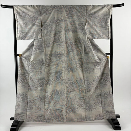 【美品】 大島紬織 身長165.5cm 袖長67cm M 雙層 都喜ヱ門 證書附帶 風景 建築 灰白 純蠶絲 逸品級