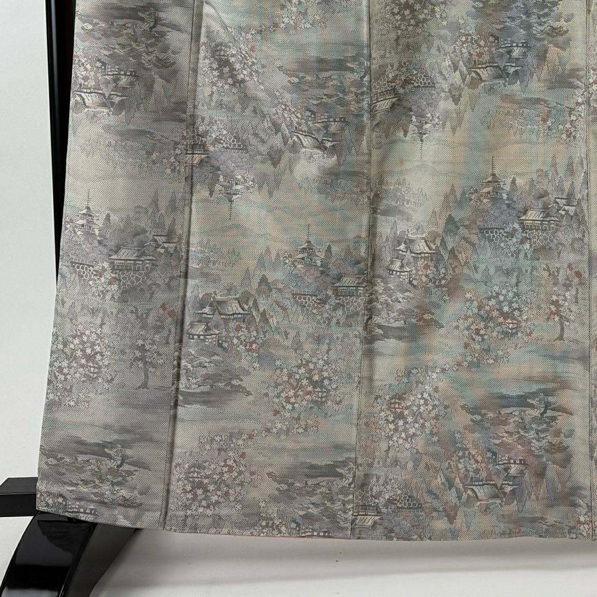 【美品】 大島紬織 身長165.5cm 袖長67cm M 雙層 都喜ヱ門 證書附帶 風景 建築 灰白 純蠶絲 逸品級