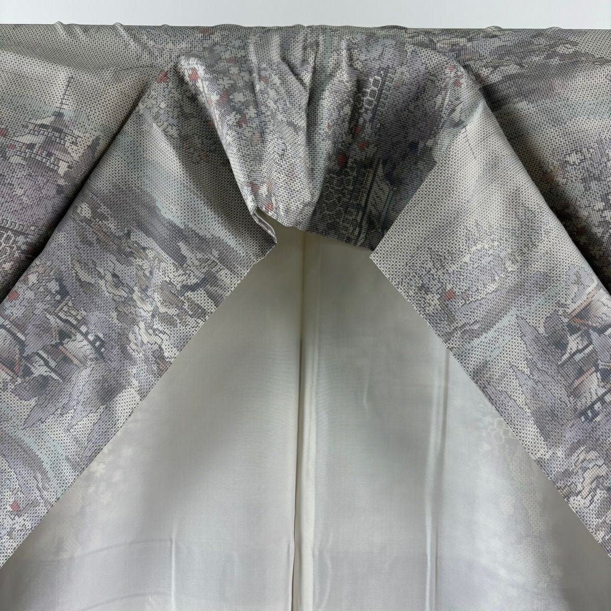 【美品】 大島紬織 身長165.5cm 袖長67cm M 雙層 都喜ヱ門 證書附帶 風景 建築 灰白 純蠶絲 逸品級