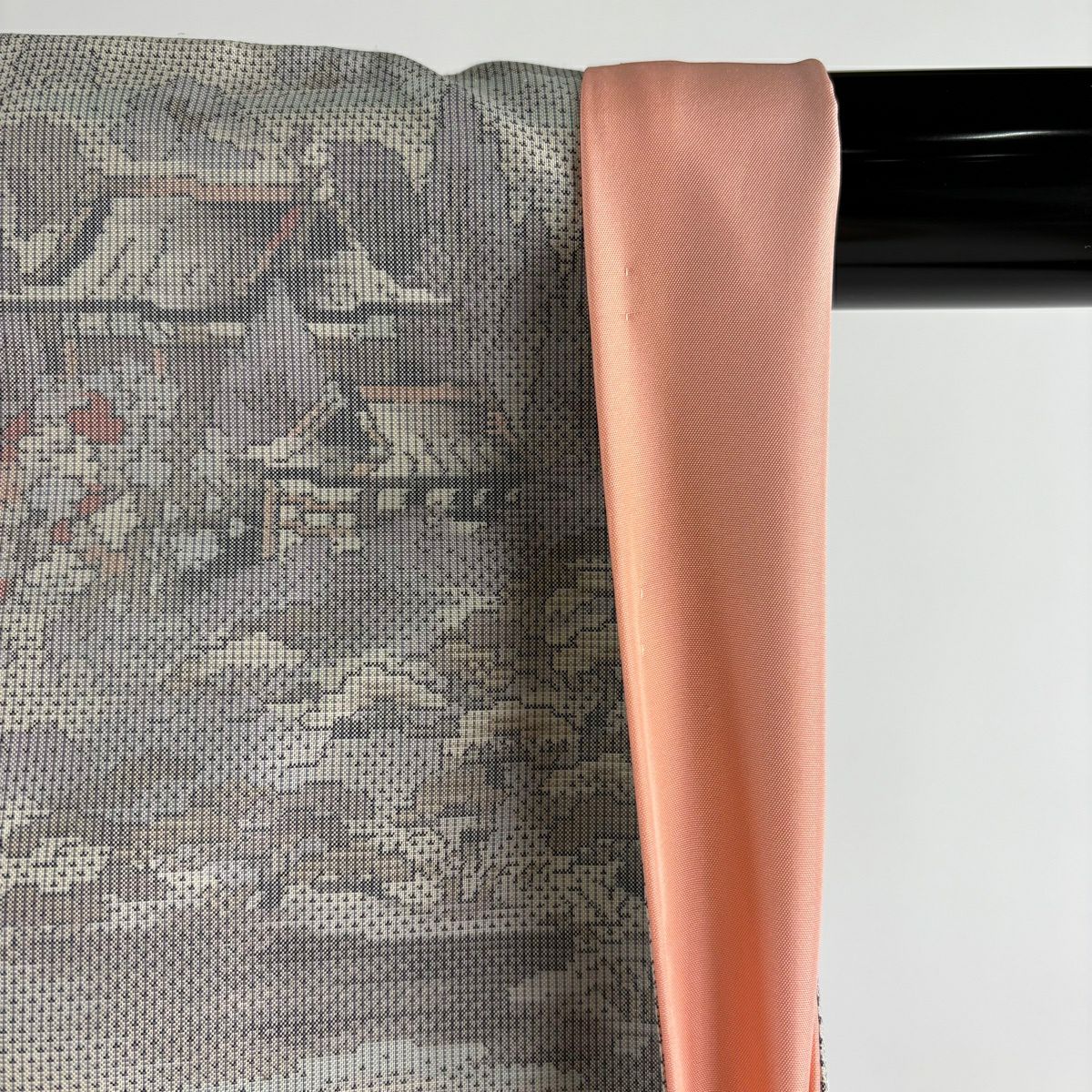【美品】 大島紬織 身長165.5cm 袖長67cm M 雙層 都喜ヱ門 證書附帶 風景 建築 灰白 純蠶絲 逸品級