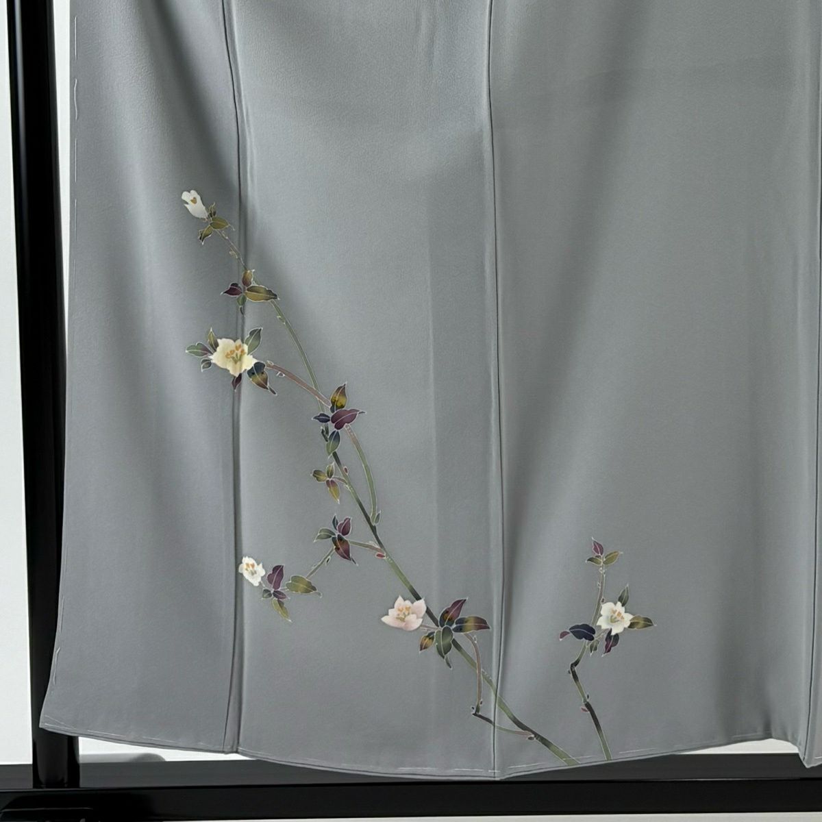付下 身長157cm 袖長66.5cm M 雙層 百貫 落款 草花紋紋 灰色 純蠶絲 逸品級