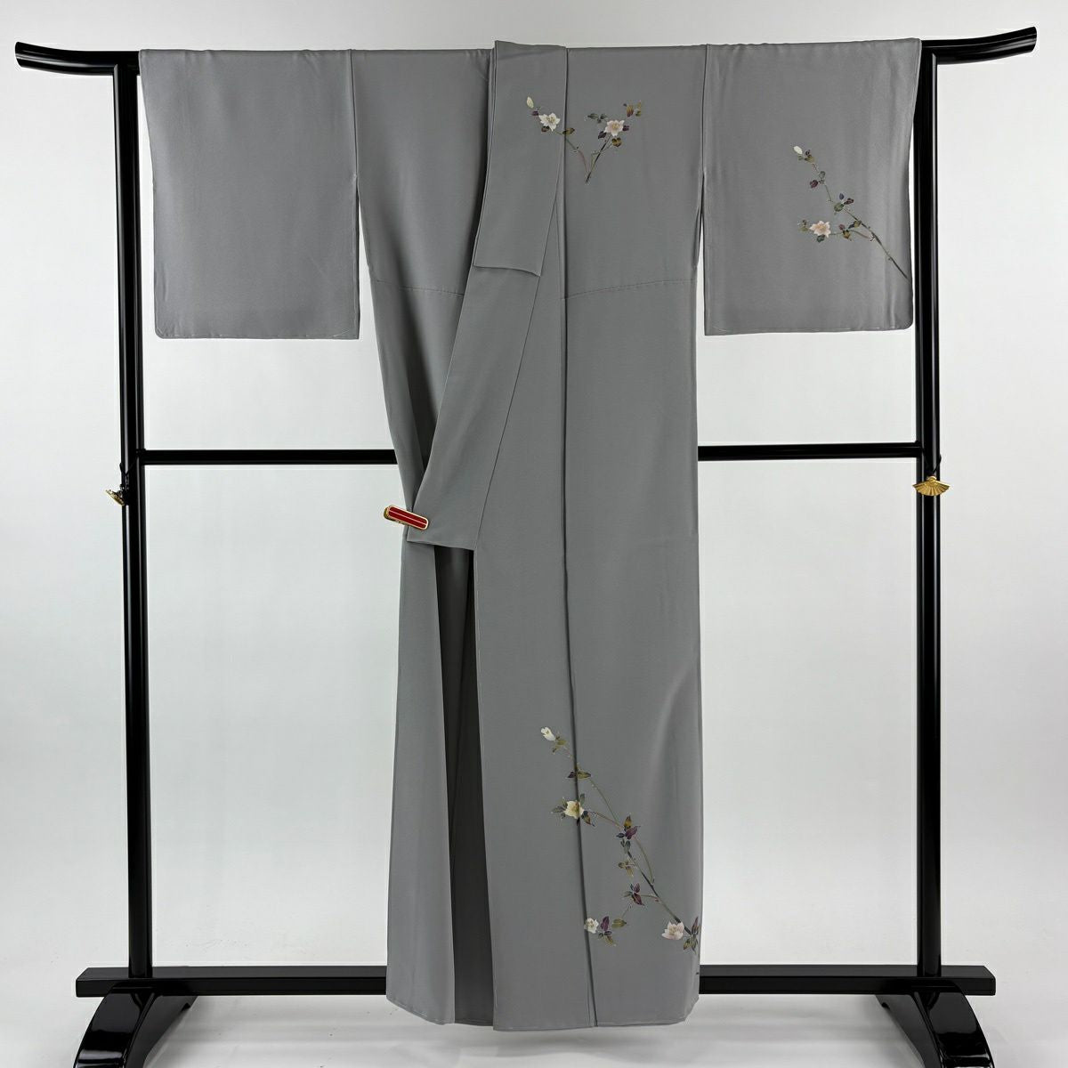 付下 身長157cm 袖長66.5cm M 雙層 百貫 落款 草花紋紋 灰色 純蠶絲 逸品級