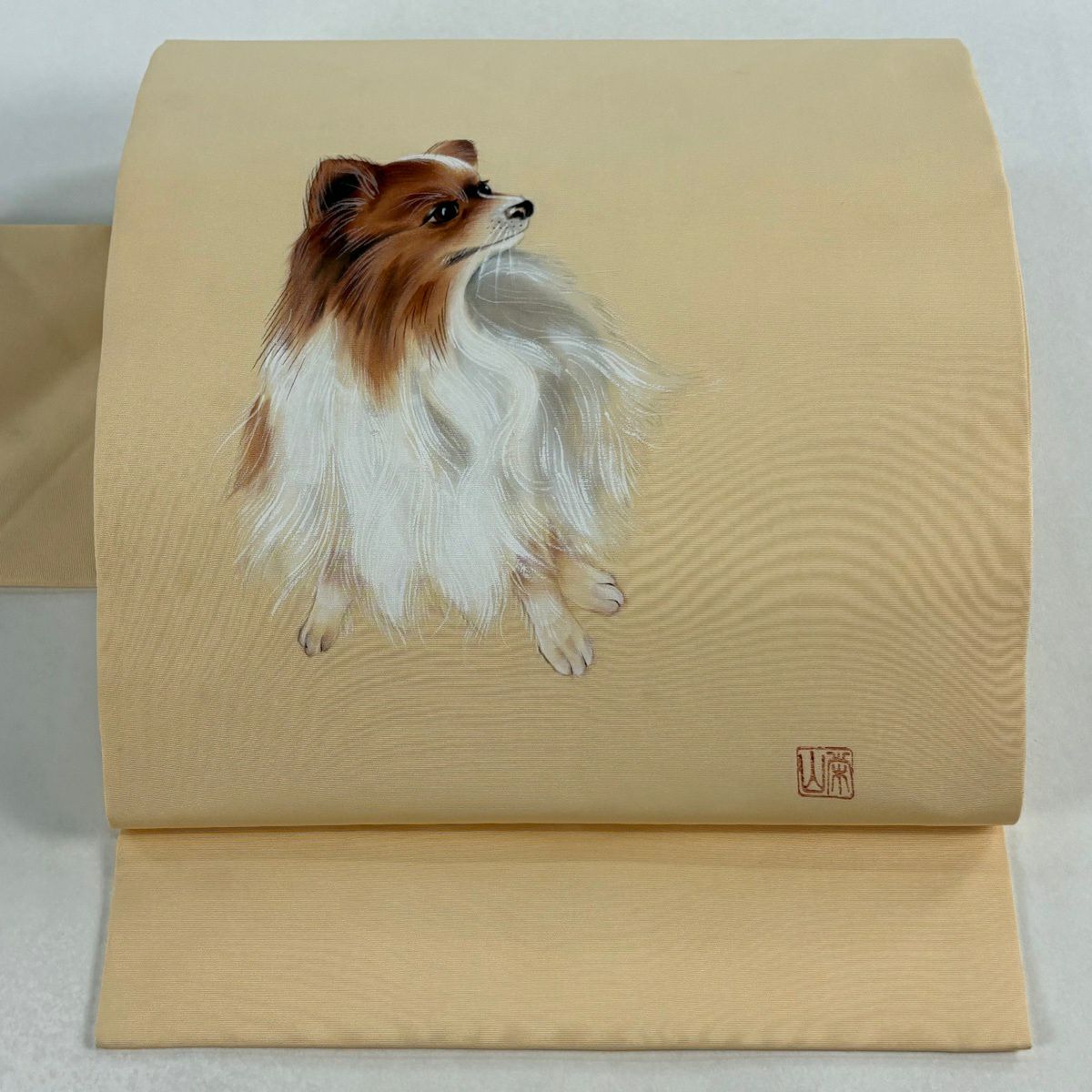 【美品】 名古屋帶 逸品級 落款あり 犬 鈴 漸層 薄橙 純蠶絲