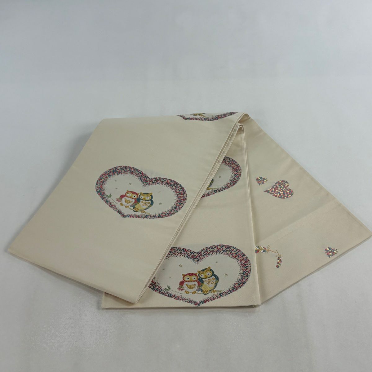 【美品】 袋帶 逸品級 貓頭鷹 心形 金金箔 奶油色 大鼓圖案 純蠶絲