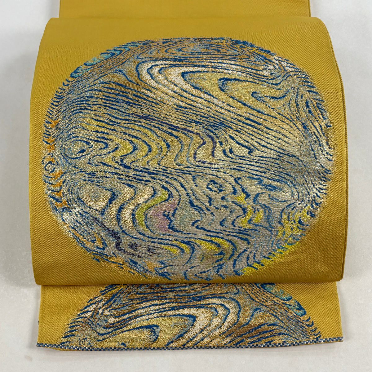 袋帶 逸品級 有落款 龍村光翔 關西仕立 本袋 水月盆 金絲 金金箔 黃土 茶色 お太鼓圖案 純蠶絲