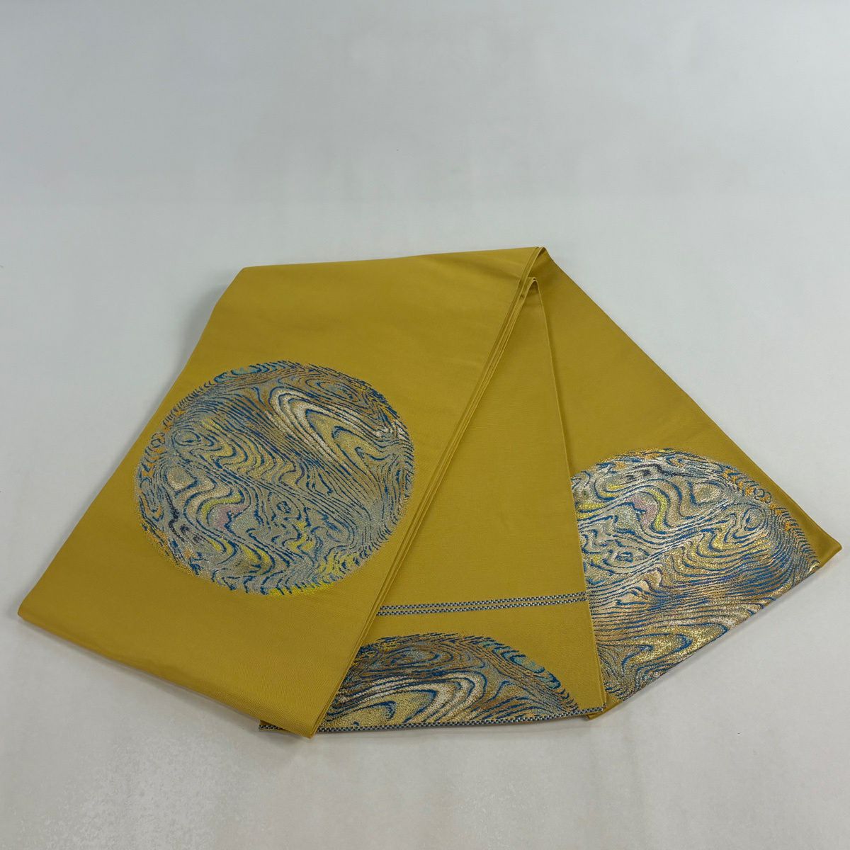 袋帶 逸品級 有落款 龍村光翔 關西仕立 本袋 水月盆 金絲 金金箔 黃土 茶色 お太鼓圖案 純蠶絲