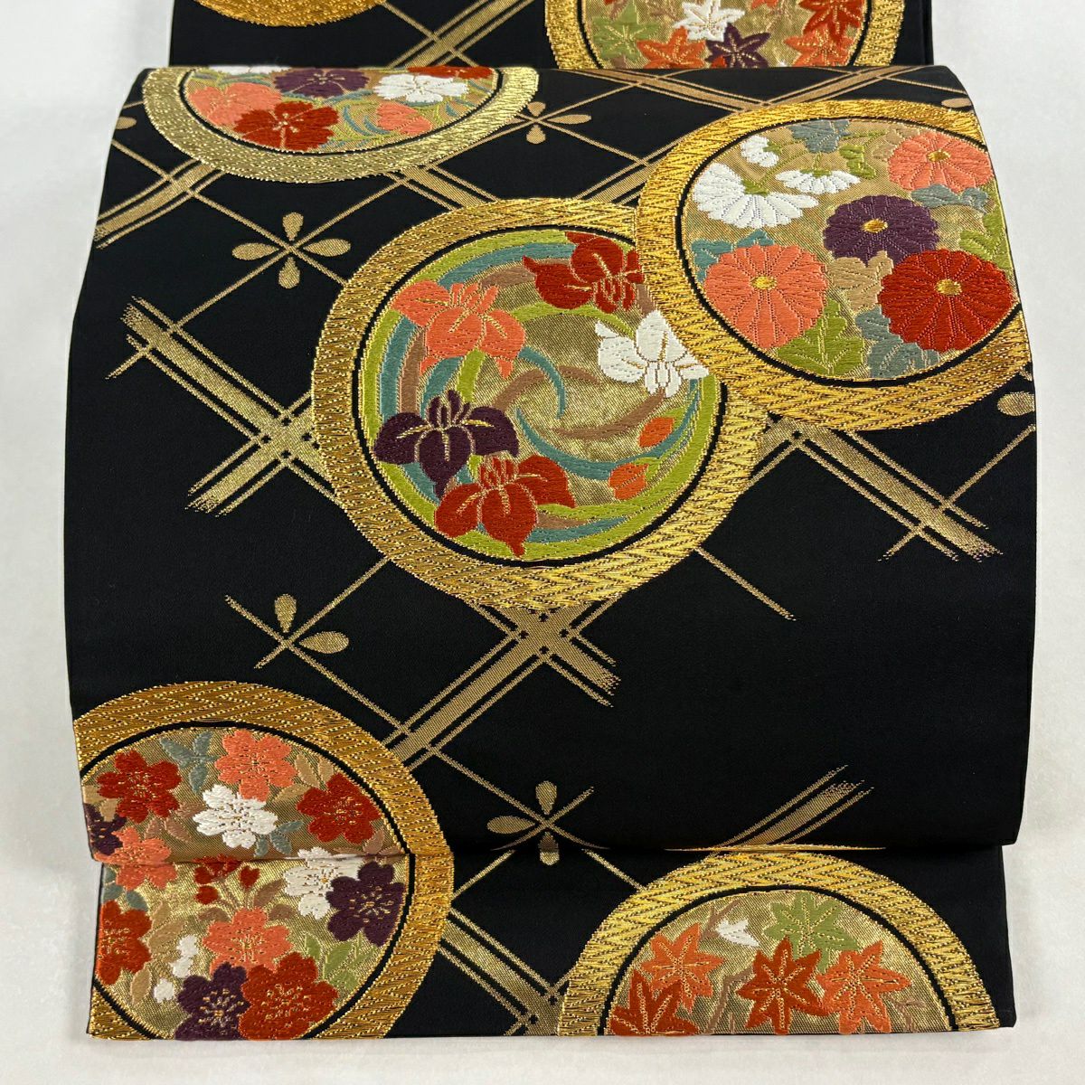 【美品】 袋帶 逸品級 河合美術織物 落款あり 豊明錦 花丸紋 業平菱 唐織 金絲 黑灰 六通 純蠶絲