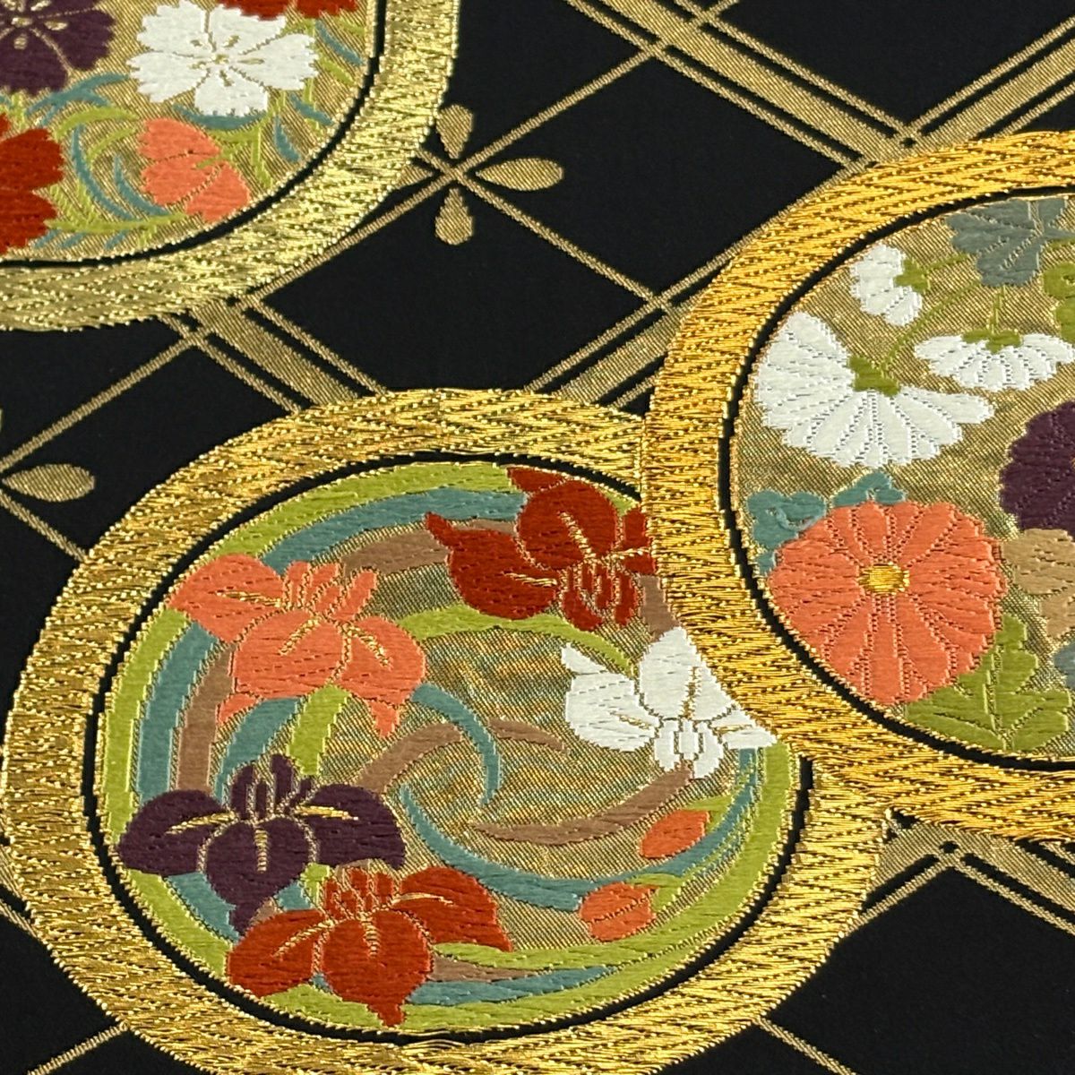 【美品】 袋帶 逸品級 河合美術織物 落款あり 豊明錦 花丸紋 業平菱 唐織 金絲 黑灰 六通 純蠶絲