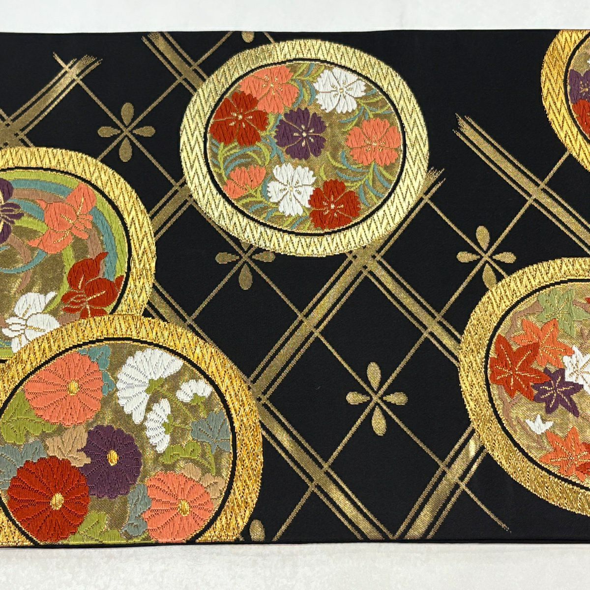 【美品】 袋帶 逸品級 河合美術織物 落款あり 豊明錦 花丸紋 業平菱 唐織 金絲 黑灰 六通 純蠶絲