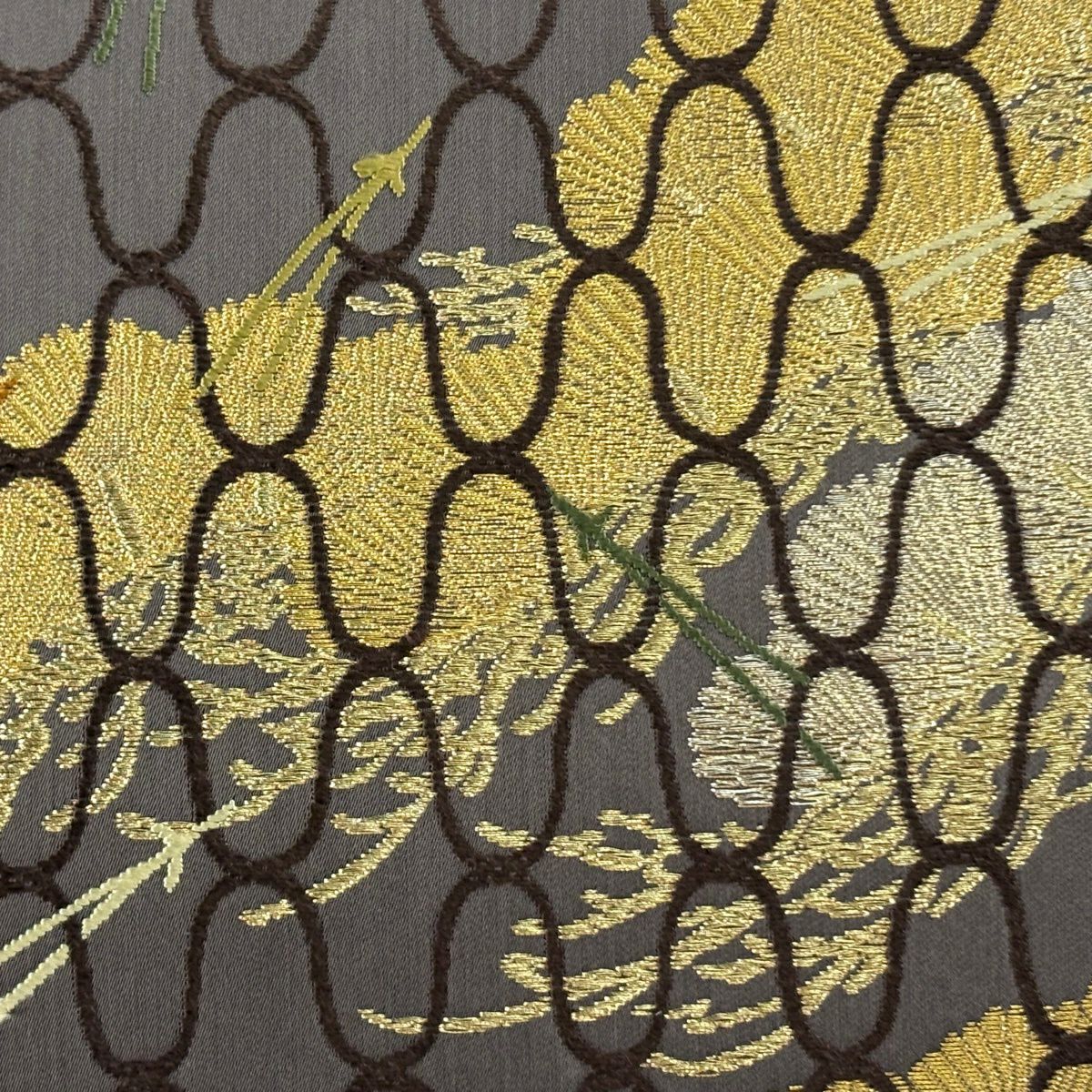 【美品】 袋帶 逸品級 落款 山口弘躬染織 松樹 松樹葉 金糸 金金箔 灰紫 お太鼓柄 純蠶絲