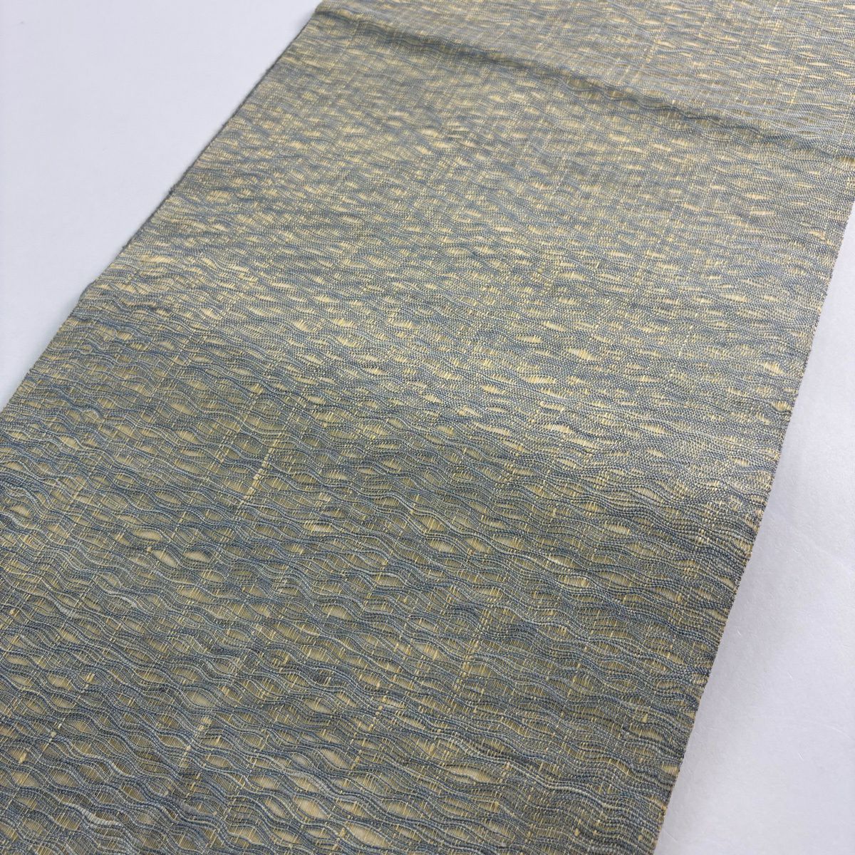 【美品】 袋帶 秀品級 家屋 松樹竹子梅花 米色 大鼓圖案 純蠶絲