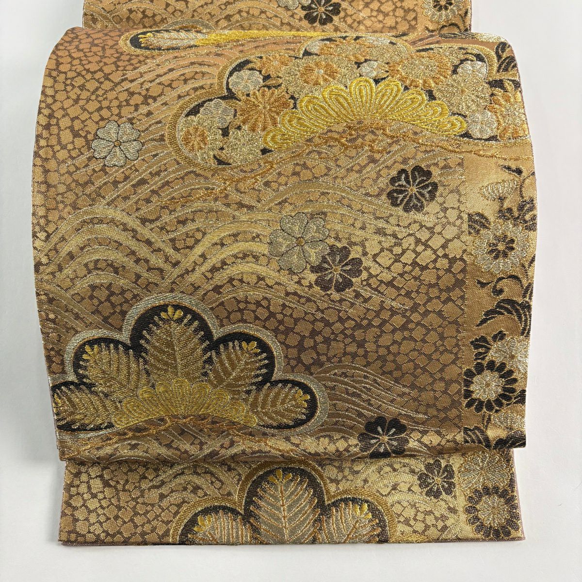 【美品】 袋帶 秀品級 笠松樹 櫻花 金金箔 金銀彩 金色 六通 純蠶絲