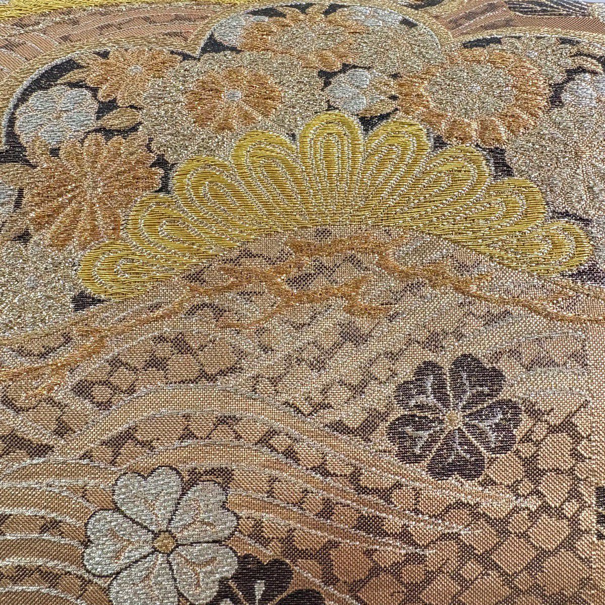 【美品】 袋帶 秀品級 笠松樹 櫻花 金金箔 金銀彩 金色 六通 純蠶絲