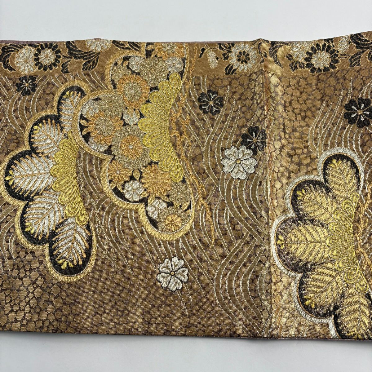 【美品】 袋帶 秀品級 笠松樹 櫻花 金金箔 金銀彩 金色 六通 純蠶絲