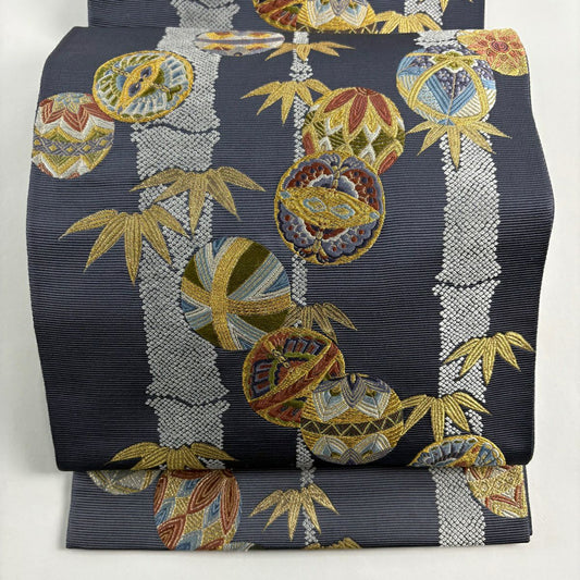 袋帶 秀品級 玉華豐彩 竹子 手毬 金絲 金金箔 灰紫 六通 純蠶絲