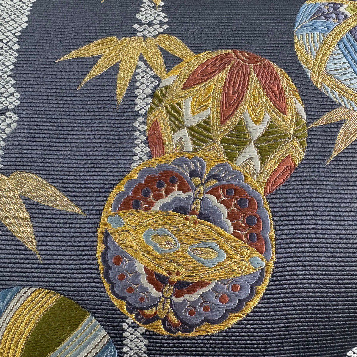 袋帶 秀品級 玉華豐彩 竹子 手毬 金絲 金金箔 灰紫 六通 純蠶絲