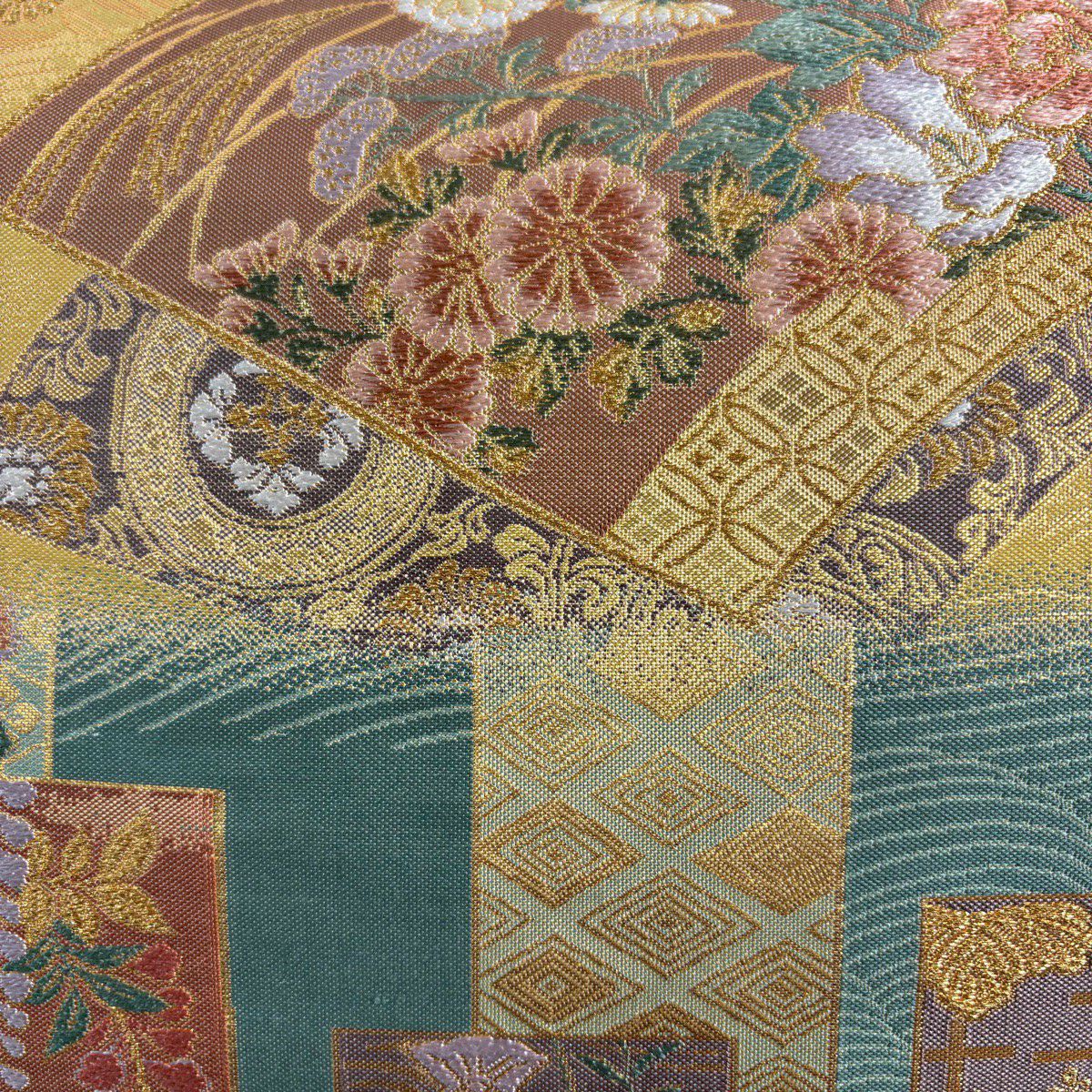 袋帶 秀品級 扇子面 短冊 金絲 金金箔 芥末色 大鼓圖案 純蠶絲