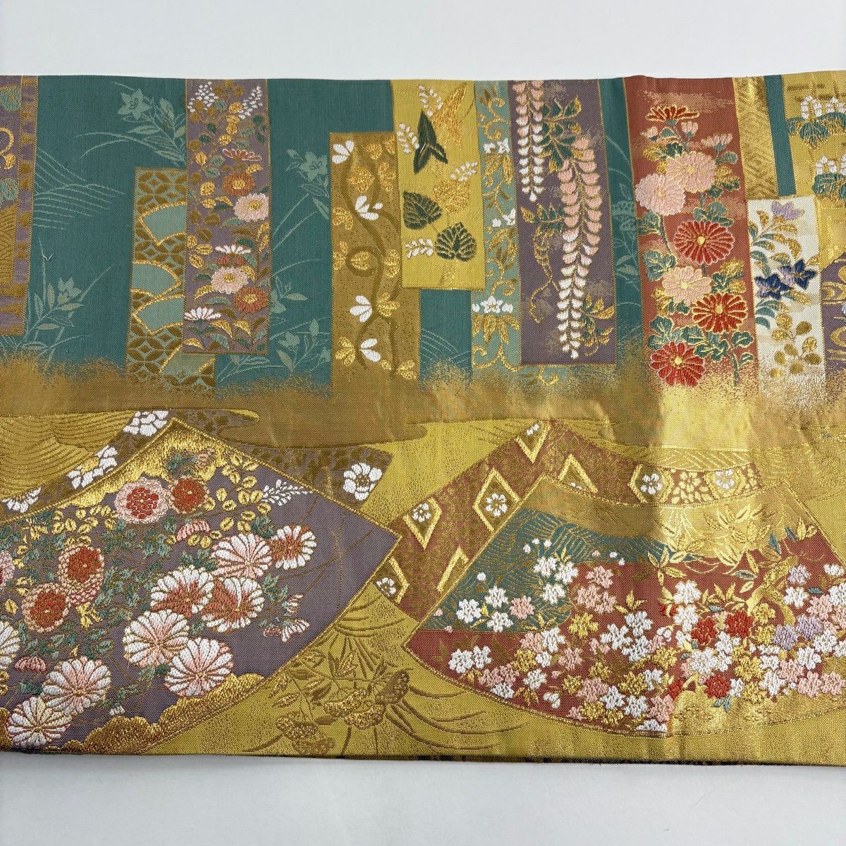 袋帶 秀品級 扇子面 短冊 金絲 金金箔 芥末色 大鼓圖案 純蠶絲