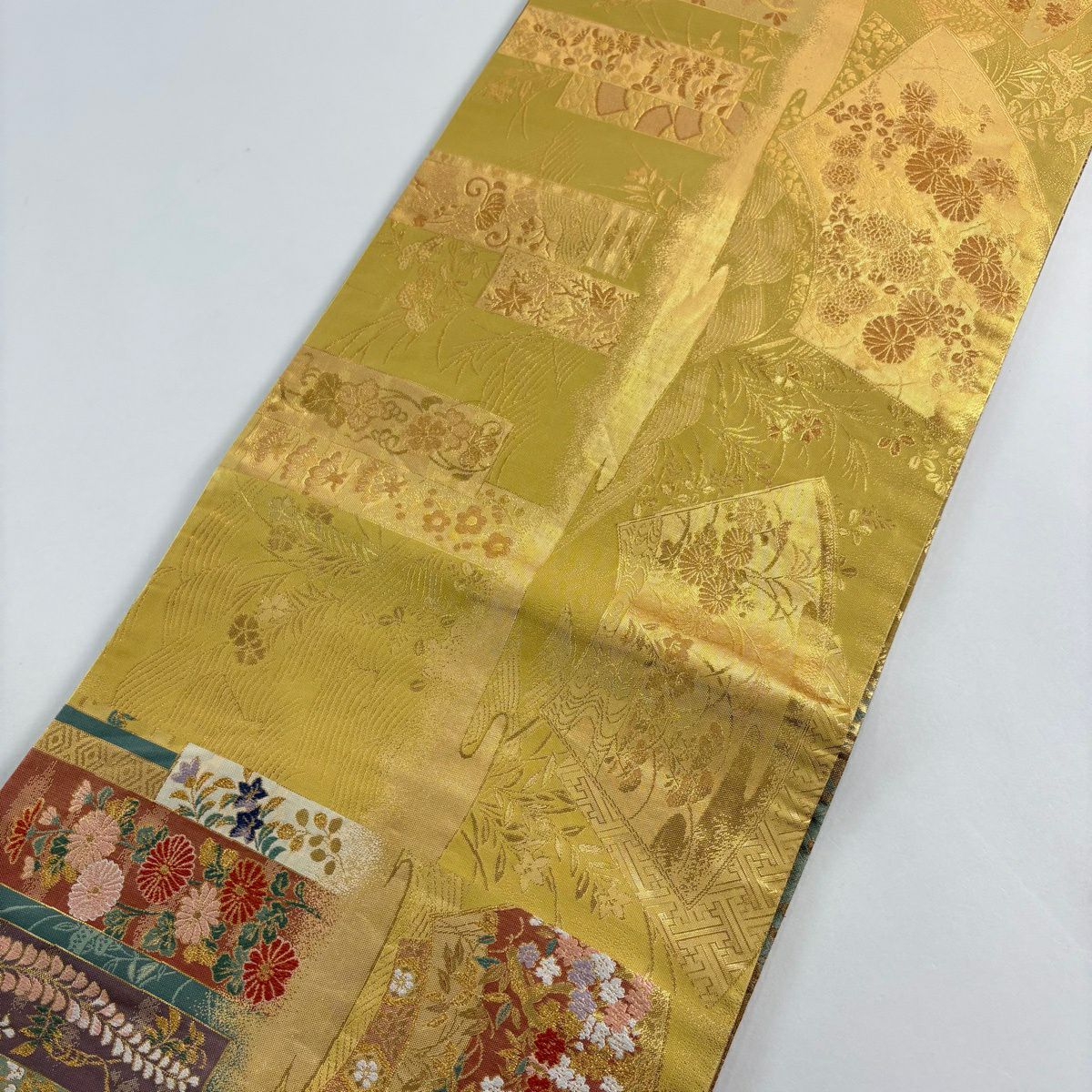 袋帶 秀品級 扇子面 短冊 金絲 金金箔 芥末色 大鼓圖案 純蠶絲