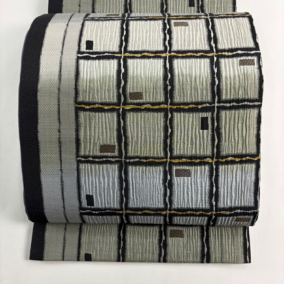 【美品】 袋帶 秀品級 證明書附帶 格子 菱形 金絲 青灰色 全通 純蠶絲