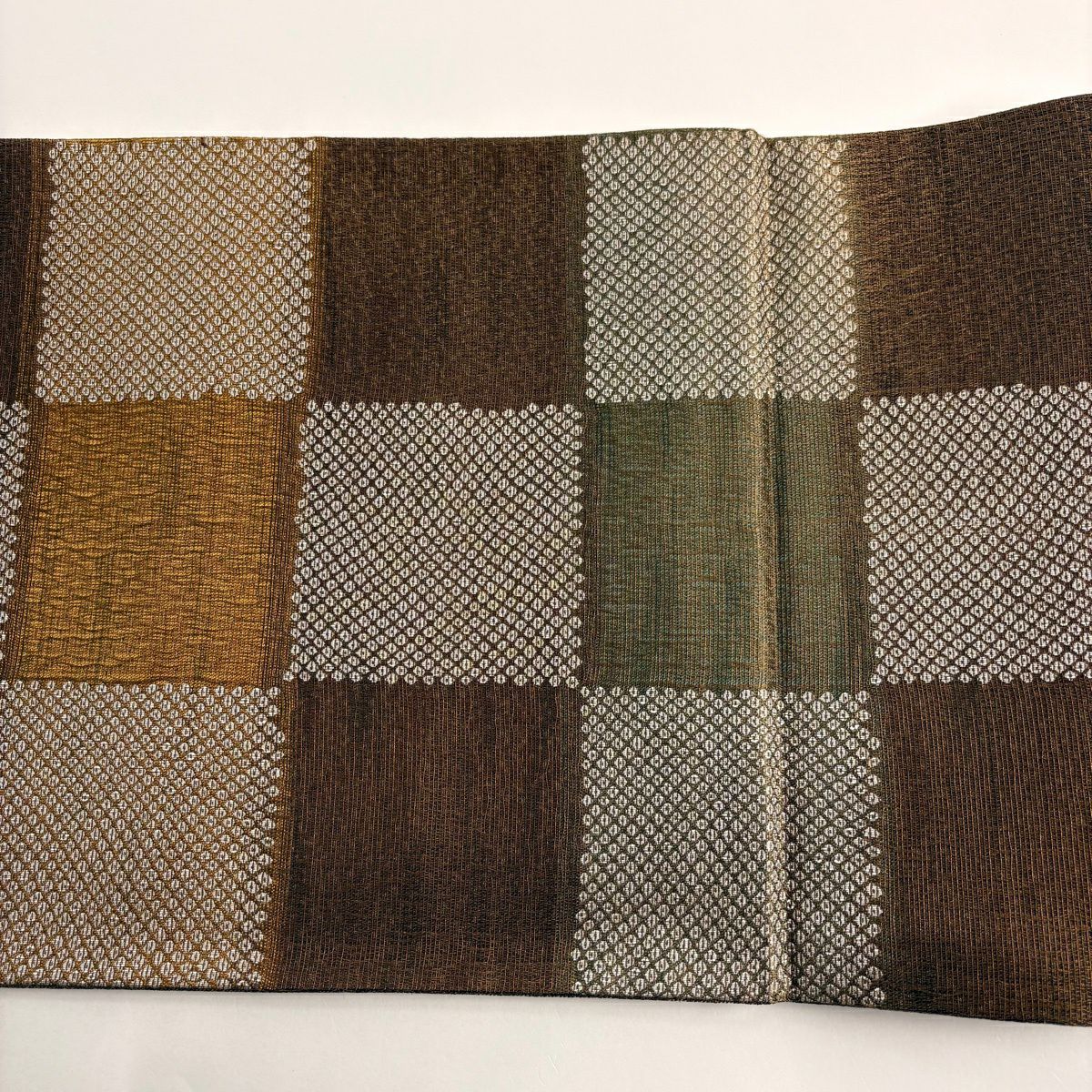 【美品】 袋帶 秀品級 市松樹 疋田 金絲 茶 全通 純蠶絲