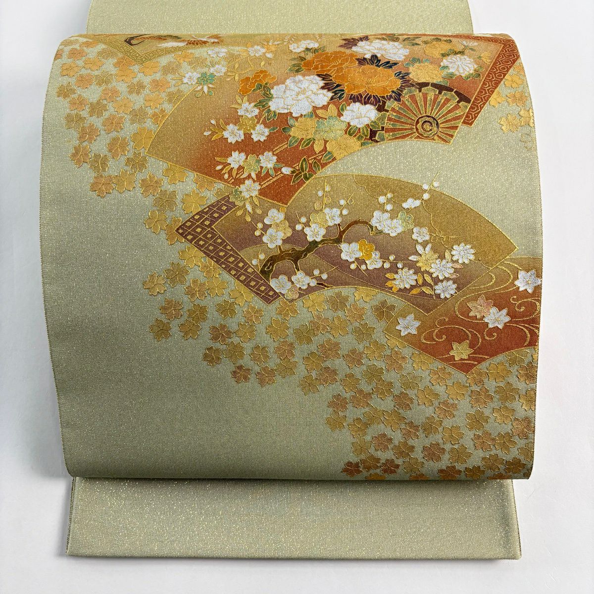 袋帶 秀品級 扇子面 花車 金銀彩 金金箔 灰綠 お太鼓圖案 純蠶絲