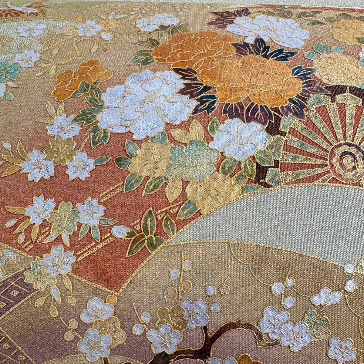 袋帶 秀品級 扇子面 花車 金銀彩 金金箔 灰綠 お太鼓圖案 純蠶絲