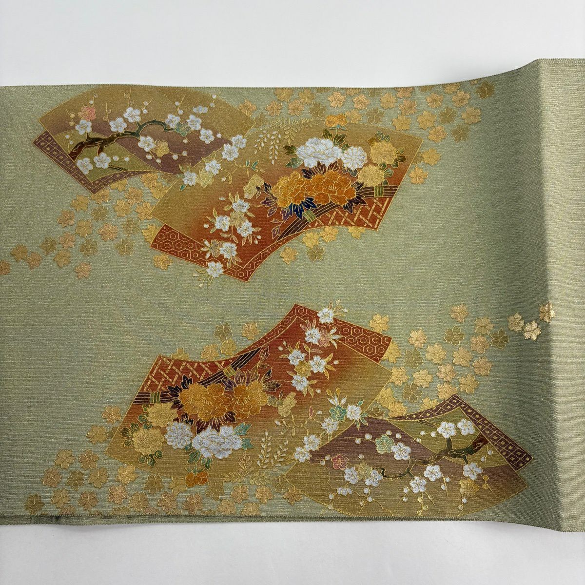 袋帶 秀品級 扇子面 花車 金銀彩 金金箔 灰綠 お太鼓圖案 純蠶絲