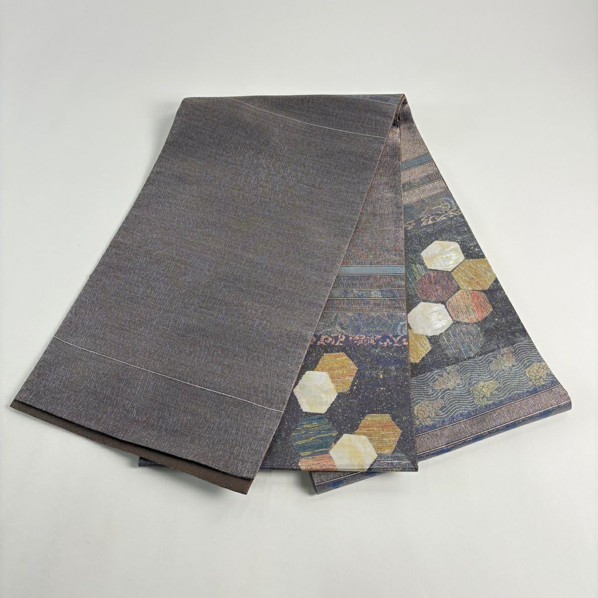 【美品】 袋帶 秀品級 龜甲 荒磯 金金箔 灰紫 お太鼓圖案 純蠶絲