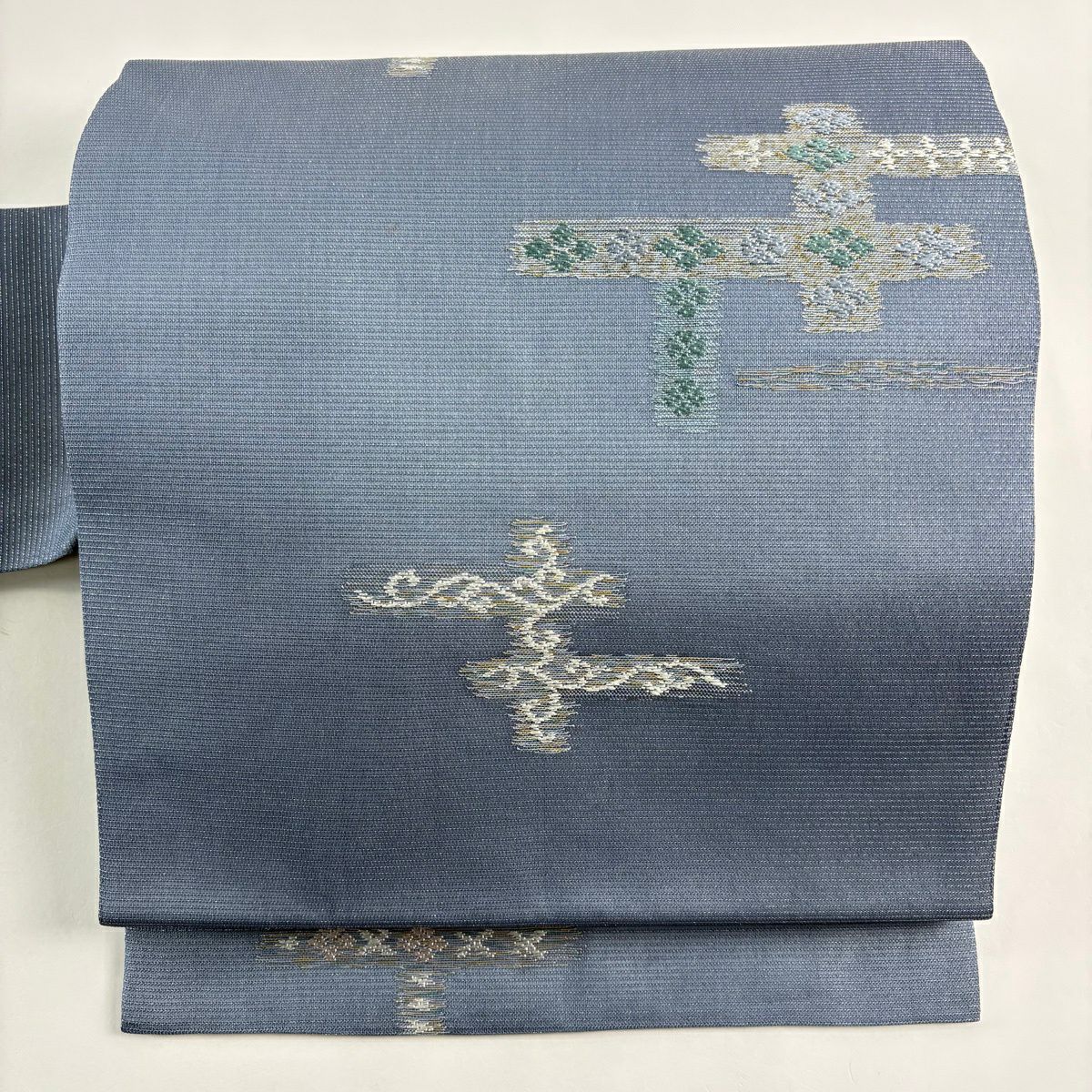 名古屋帶 秀品級 夏帶 絽 花菱 幾何學 金絲 銀通 青灰 純蠶絲