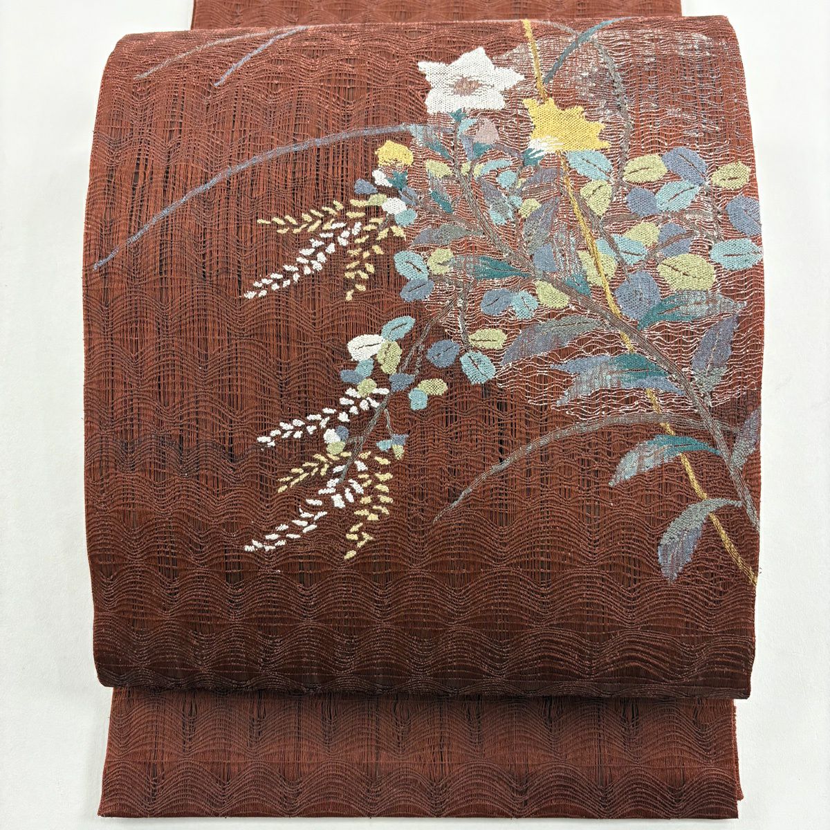 袋帶 秀品級 萩 桔梗 金絲 紅茶 大鼓圖案 純蠶絲