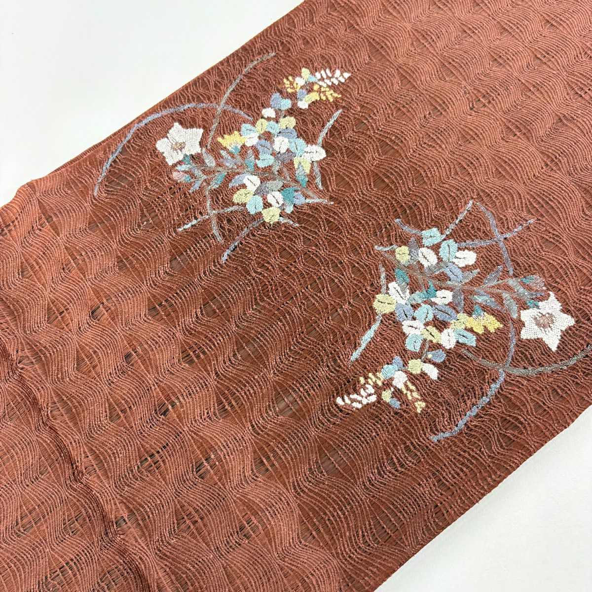 袋帶 秀品級 萩 桔梗 金絲 紅茶 大鼓圖案 純蠶絲