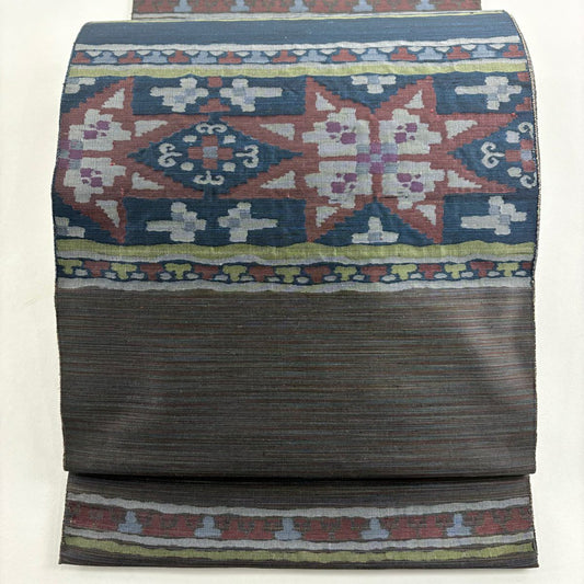 袋帶 秀品級 花 幾何學 深藍 大鼓圖案 純蠶絲