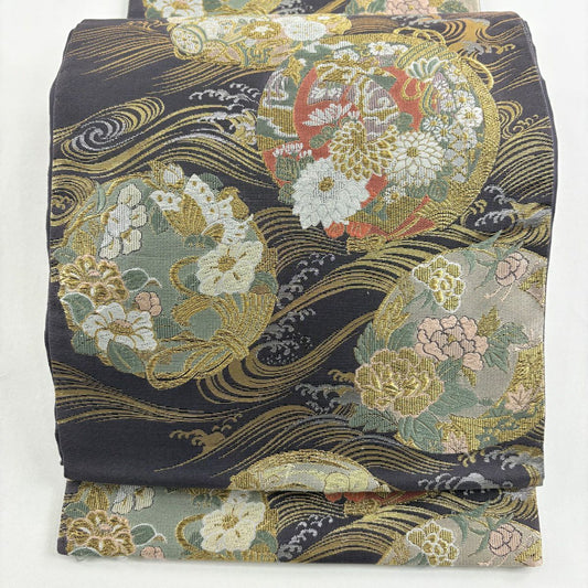 袋帶 秀品級 花丸紋 波 金金箔 金絲 青灰 六通 純蠶絲