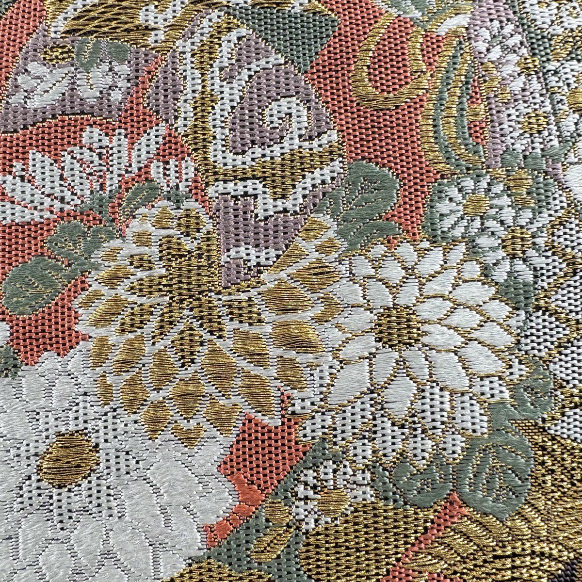 袋帶 秀品級 花丸紋 波 金金箔 金絲 青灰 六通 純蠶絲